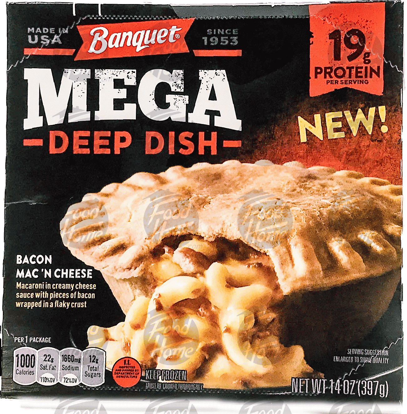 Banquet Mega Deep Dish bacon mac 'n cheese wrapped in a flaky crust Full-Size Picture